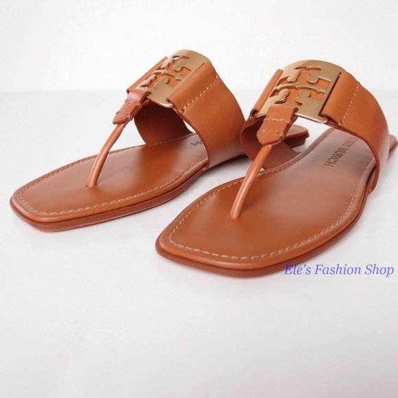 NIB Tory Burch Georgia Logo Leather Thong Sandal Aged Camello US 7 7.5 8 9 9.5 - Picture 6 of 16